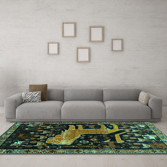 Machine Washable Animal Turquoise Traditional Area Rugs in a Living Room,, wshtr706turq