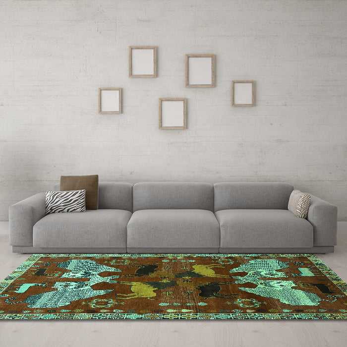 Machine Washable Animal Turquoise Traditional Area Rugs in a Living Room,, wshtr707turq