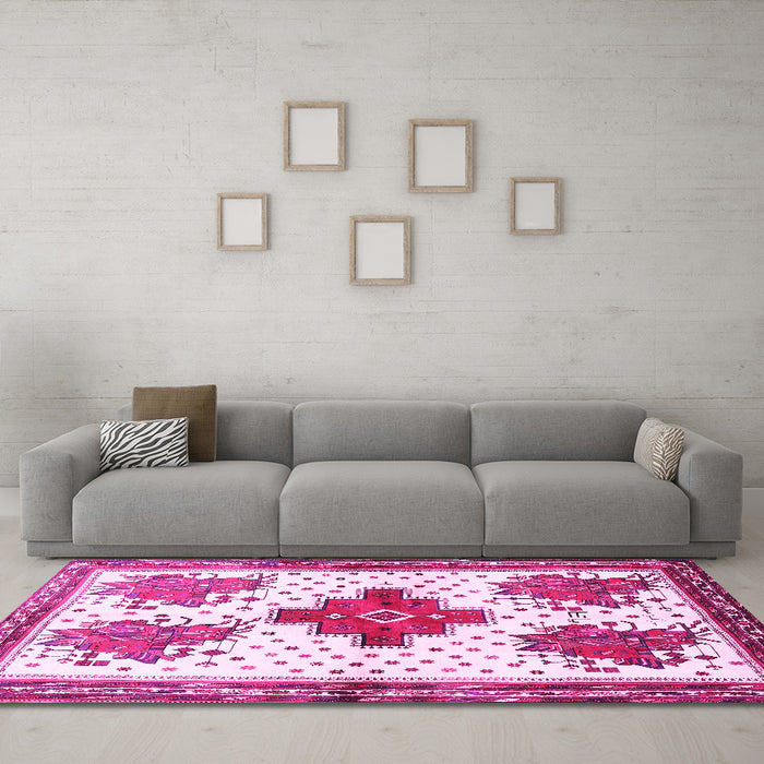 Machine Washable Persian Pink Traditional Rug in a Living Room, wshtr708pnk