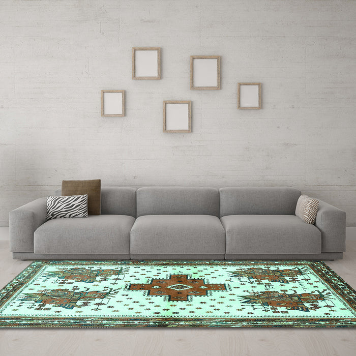 Machine Washable Persian Turquoise Traditional Area Rugs in a Living Room,, wshtr708turq