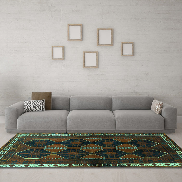 Machine Washable Persian Turquoise Traditional Area Rugs in a Living Room,, wshtr709turq