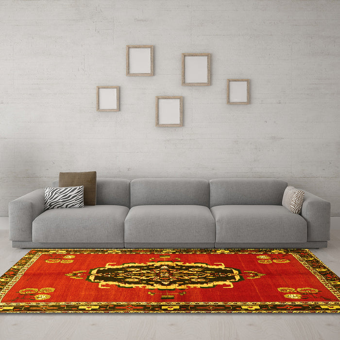 Machine Washable Medallion Yellow Traditional Rug in a Living Room, wshtr710yw