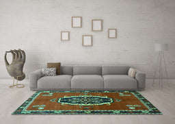 Machine Washable Medallion Turquoise Traditional Area Rugs in a Living Room,, wshtr710turq