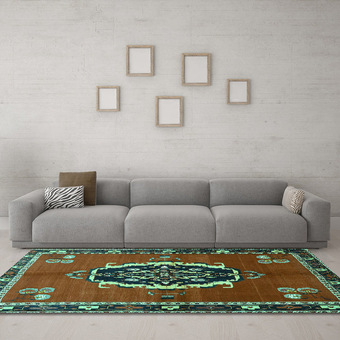 Machine Washable Medallion Turquoise Traditional Area Rugs in a Living Room,, wshtr710turq
