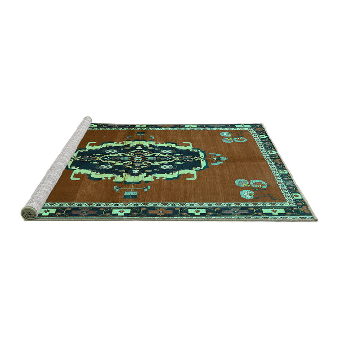 Sideview of Machine Washable Medallion Turquoise Traditional Area Rugs, wshtr710turq