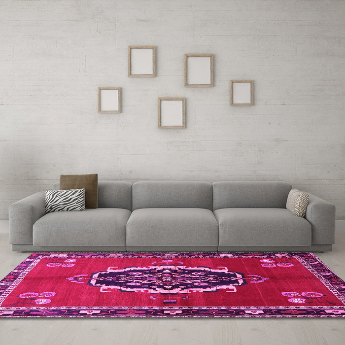 Machine Washable Medallion Pink Traditional Rug in a Living Room, wshtr710pnk