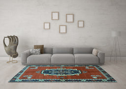 Machine Washable Medallion Light Blue Traditional Rug in a Living Room, wshtr710lblu