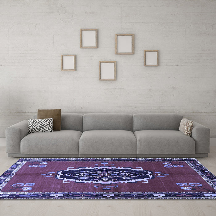 Machine Washable Medallion Blue Traditional Rug in a Living Room, wshtr710blu
