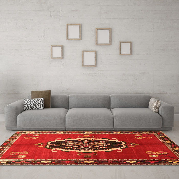 Machine Washable Medallion Orange Traditional Area Rugs in a Living Room, wshtr710org