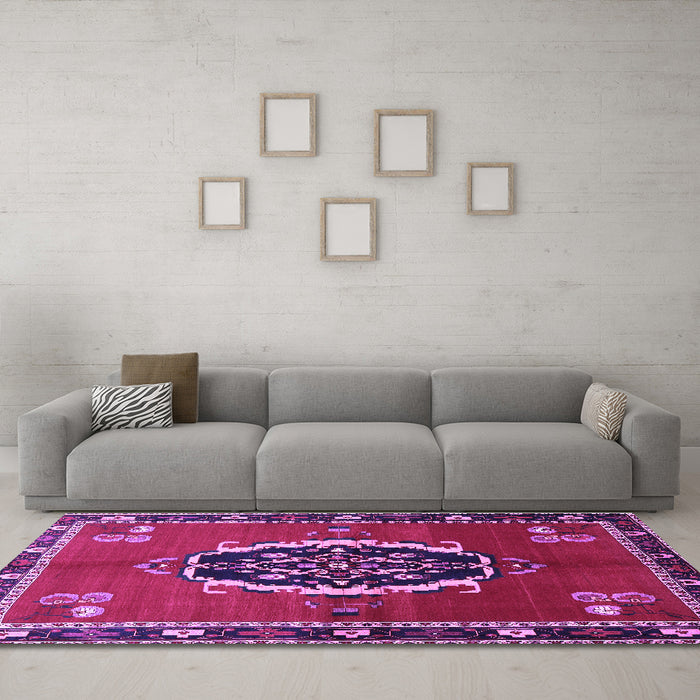 Machine Washable Medallion Purple Traditional Area Rugs in a Living Room, wshtr710pur