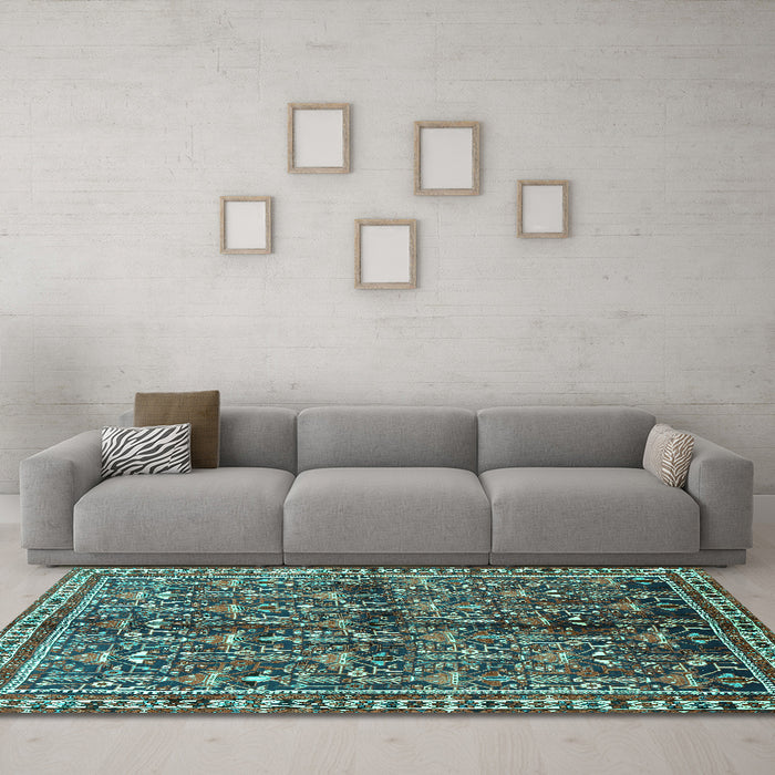 Machine Washable Persian Turquoise Traditional Area Rugs in a Living Room,, wshtr711turq
