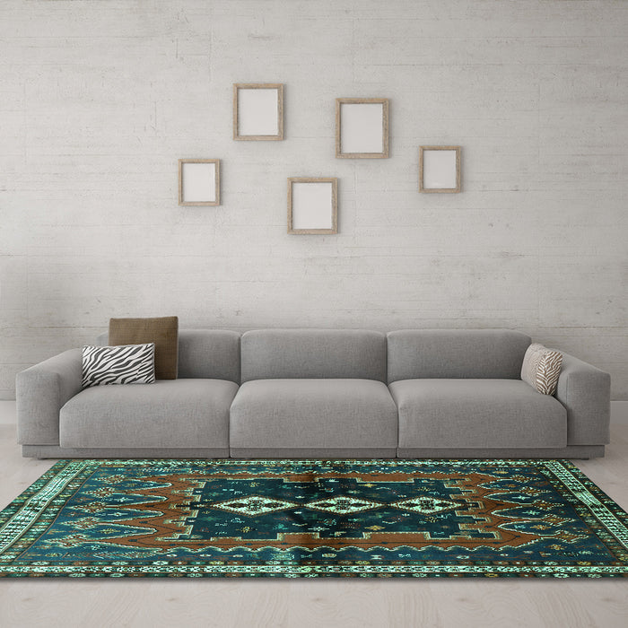Machine Washable Persian Turquoise Traditional Area Rugs in a Living Room,, wshtr712turq