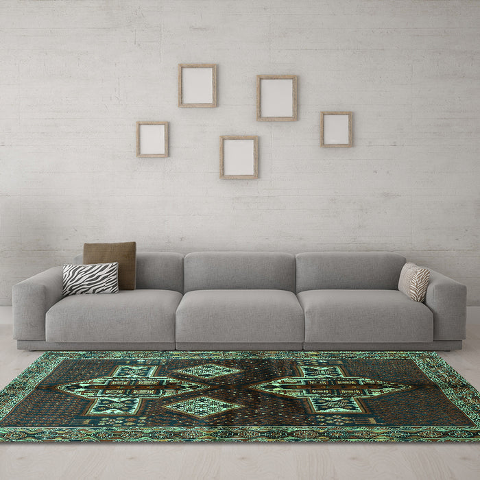 Machine Washable Persian Turquoise Traditional Area Rugs in a Living Room,, wshtr713turq