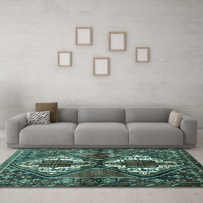 Machine Washable Persian Turquoise Traditional Area Rugs in a Living Room,, wshtr714turq