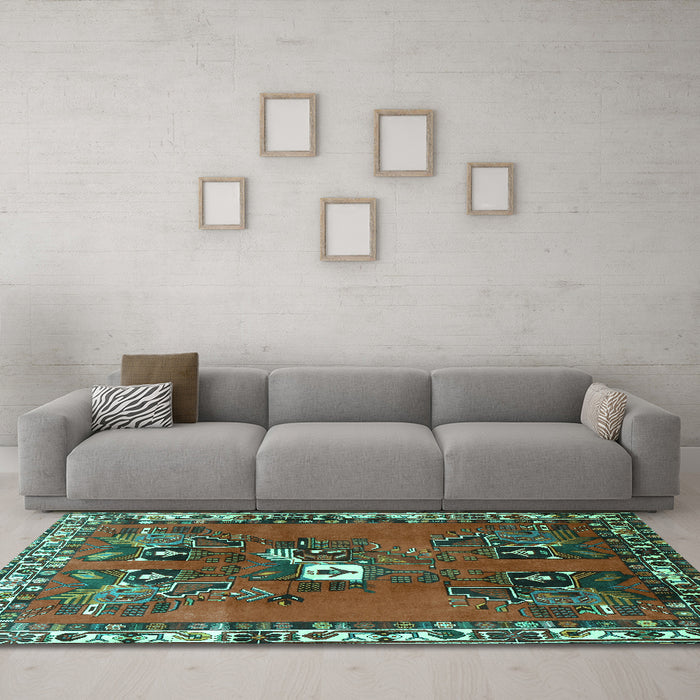 Machine Washable Persian Turquoise Traditional Area Rugs in a Living Room,, wshtr715turq