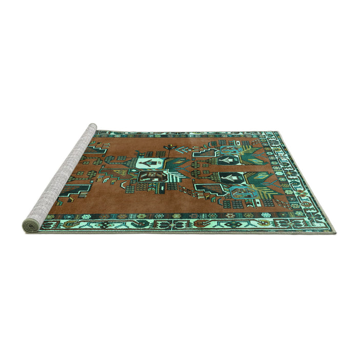 Sideview of Machine Washable Persian Turquoise Traditional Area Rugs, wshtr715turq