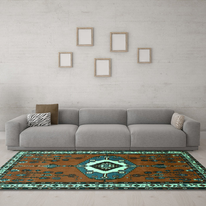 Machine Washable Persian Turquoise Traditional Area Rugs in a Living Room,, wshtr716turq