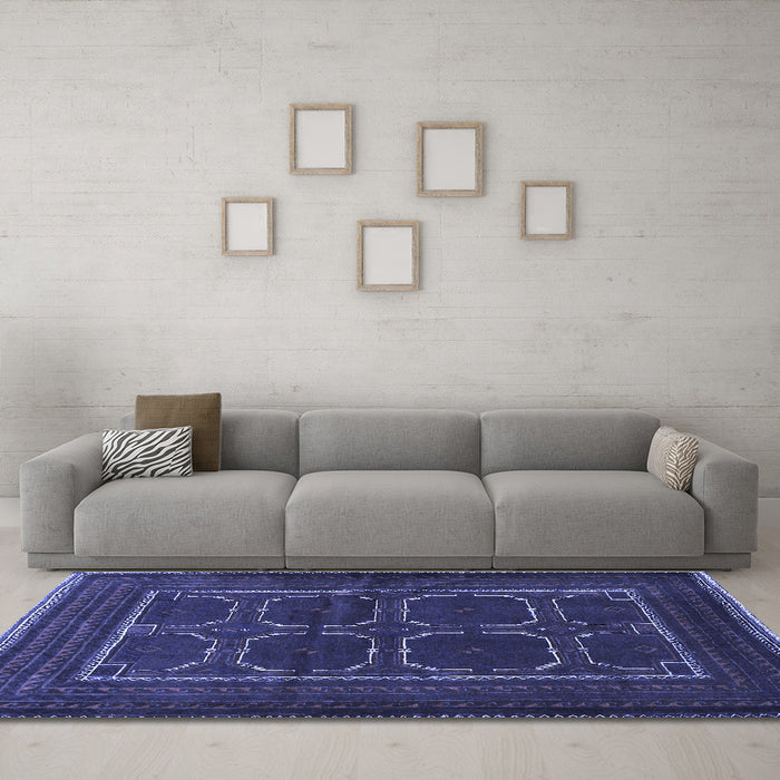 Machine Washable Persian Blue Traditional Rug in a Living Room, wshtr717blu