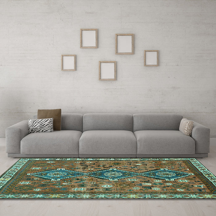 Machine Washable Persian Turquoise Traditional Area Rugs in a Living Room,, wshtr719turq