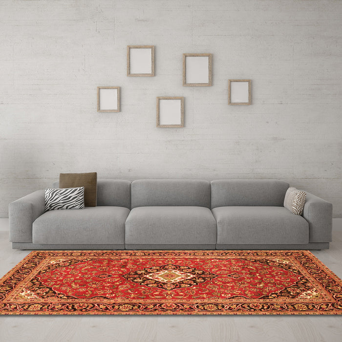 Machine Washable Medallion Orange Traditional Area Rugs in a Living Room, wshtr71org