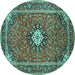 Round Machine Washable Medallion Turquoise Traditional Area Rugs, wshtr71turq