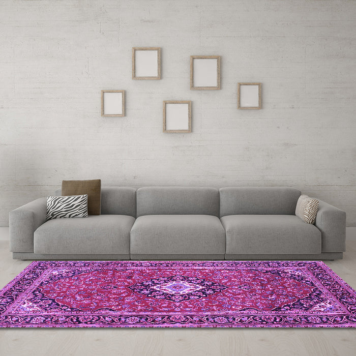 Machine Washable Medallion Purple Traditional Area Rugs in a Living Room, wshtr71pur