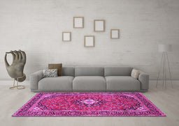 Machine Washable Medallion Pink Traditional Rug in a Living Room, wshtr71pnk