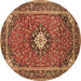 Round Machine Washable Medallion Brown Traditional Rug, wshtr71brn