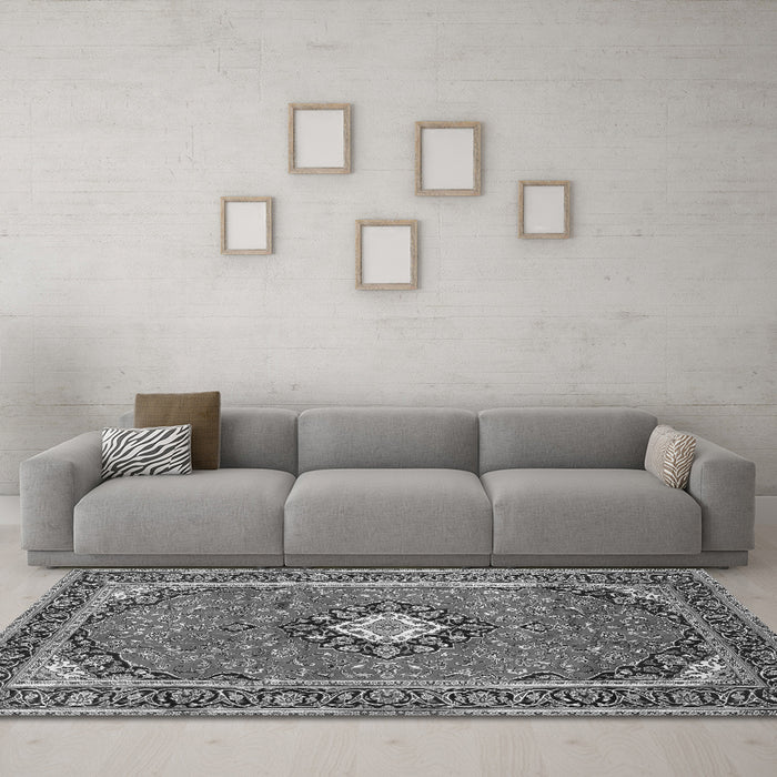 Machine Washable Medallion Gray Traditional Rug in a Living Room,, wshtr71gry