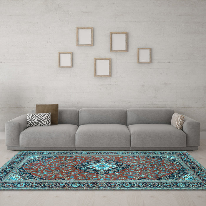 Machine Washable Medallion Light Blue Traditional Rug in a Living Room, wshtr71lblu