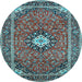 Round Machine Washable Medallion Light Blue Traditional Rug, wshtr71lblu