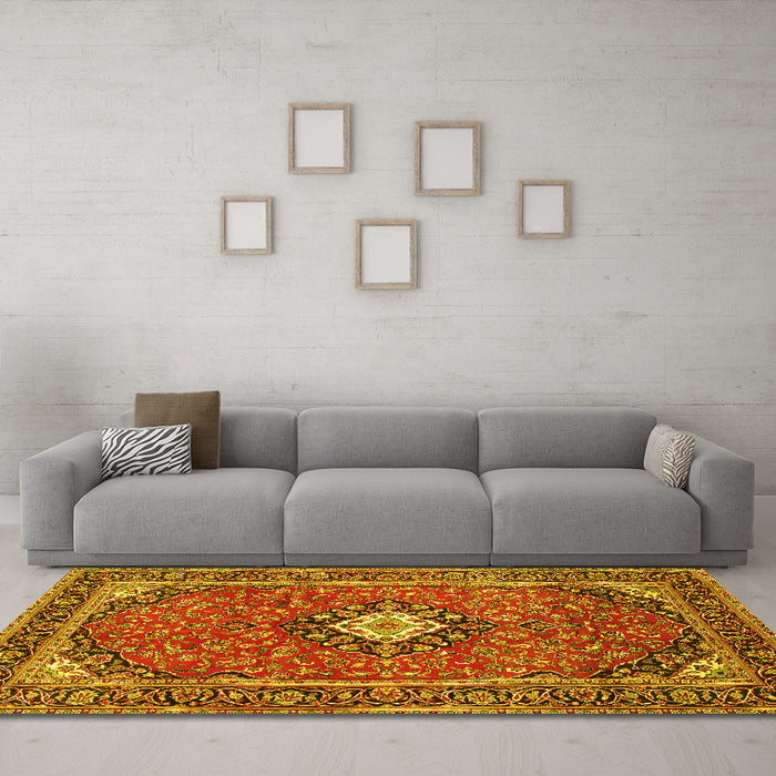 Machine Washable Medallion Yellow Traditional Rug in a Living Room, wshtr71yw