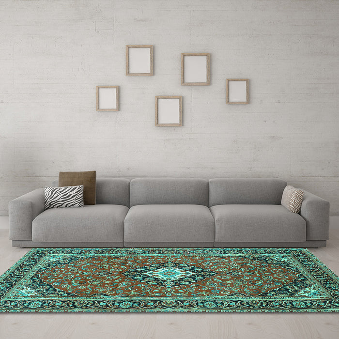 Machine Washable Medallion Turquoise Traditional Area Rugs in a Living Room,, wshtr71turq
