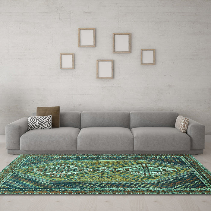 Machine Washable Persian Turquoise Traditional Area Rugs in a Living Room,, wshtr721turq