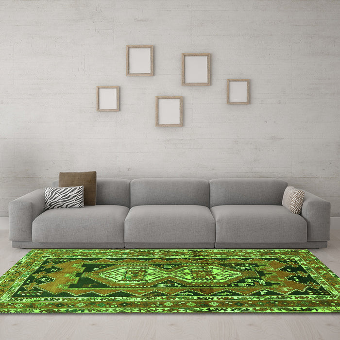 Machine Washable Southwestern Green Country Area Rugs in a Living Room,, wshtr722grn