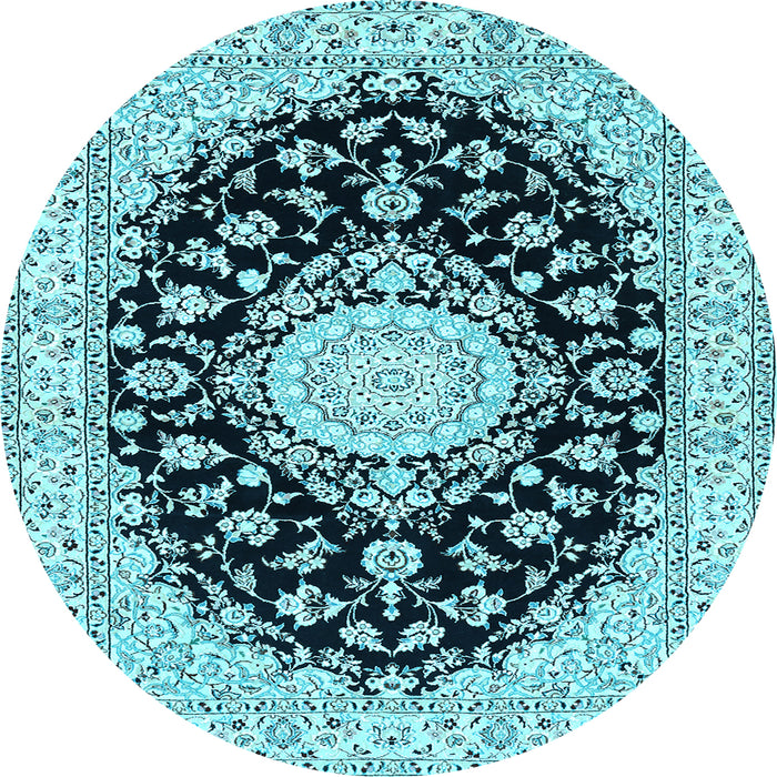 Round Machine Washable Medallion Light Blue Traditional Rug, wshtr723lblu