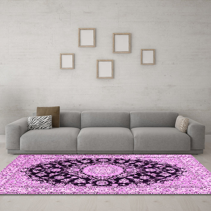 Machine Washable Medallion Pink Traditional Rug in a Living Room, wshtr723pnk
