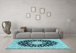 Machine Washable Medallion Light Blue Traditional Rug in a Living Room, wshtr723lblu