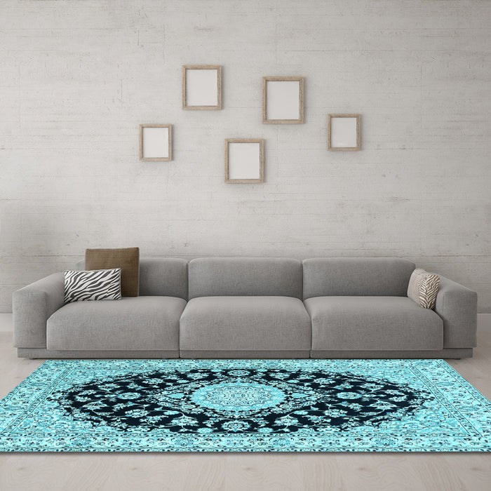 Machine Washable Medallion Light Blue Traditional Rug in a Living Room, wshtr723lblu