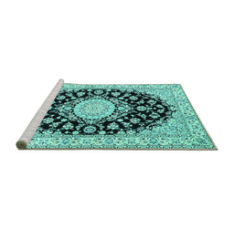 Sideview of Machine Washable Medallion Turquoise Traditional Area Rugs, wshtr723turq
