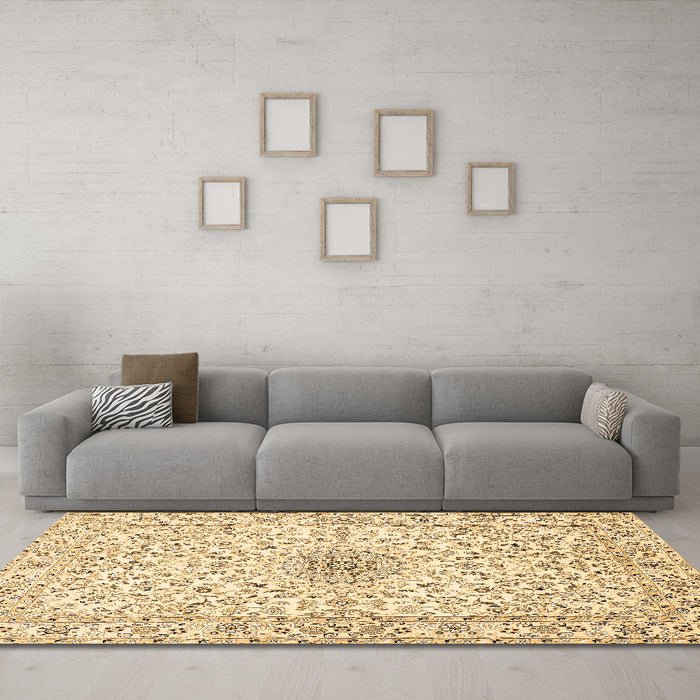 Machine Washable Medallion Brown Traditional Rug in a Living Room,, wshtr724brn