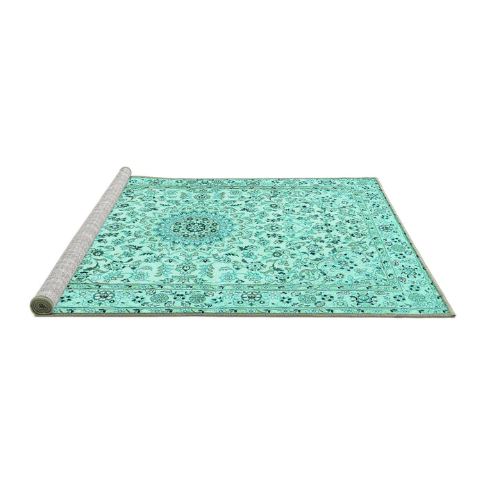 Sideview of Machine Washable Medallion Turquoise Traditional Area Rugs, wshtr724turq