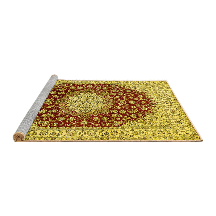 Sideview of Machine Washable Medallion Yellow Traditional Rug, wshtr725yw