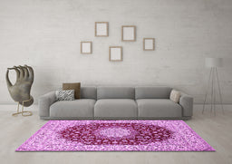 Machine Washable Medallion Pink Traditional Rug in a Living Room, wshtr725pnk
