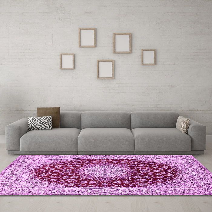 Machine Washable Medallion Pink Traditional Rug in a Living Room, wshtr725pnk