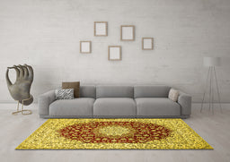 Machine Washable Medallion Yellow Traditional Rug in a Living Room, wshtr725yw