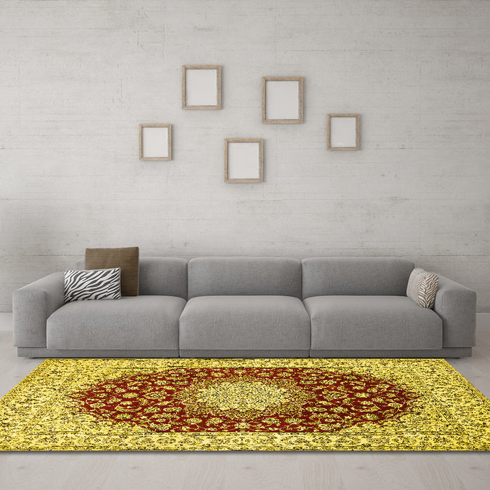 Machine Washable Medallion Yellow Traditional Rug in a Living Room, wshtr725yw