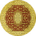 Round Machine Washable Medallion Yellow Traditional Rug, wshtr725yw