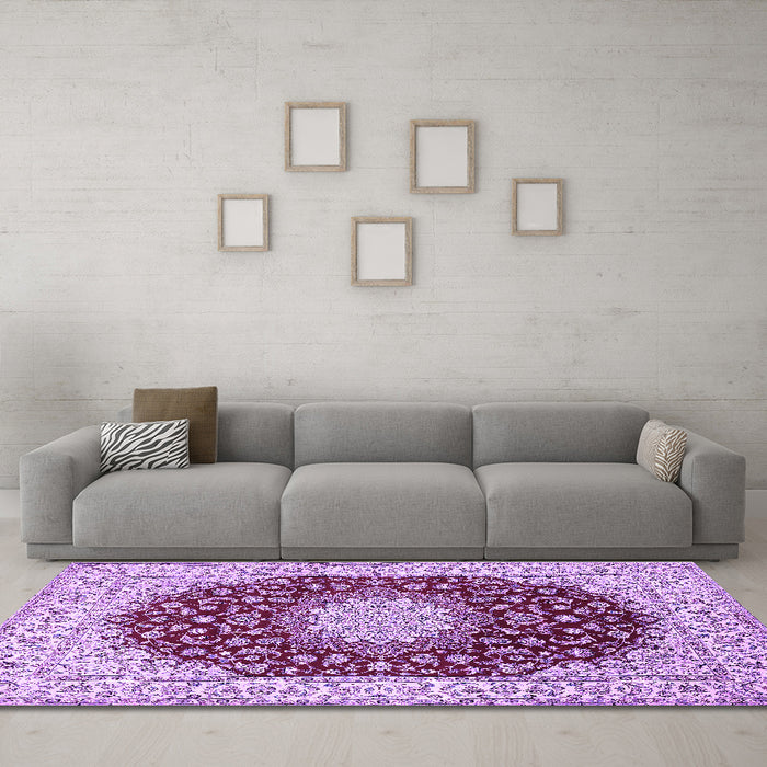 Machine Washable Medallion Purple Traditional Area Rugs in a Living Room, wshtr725pur