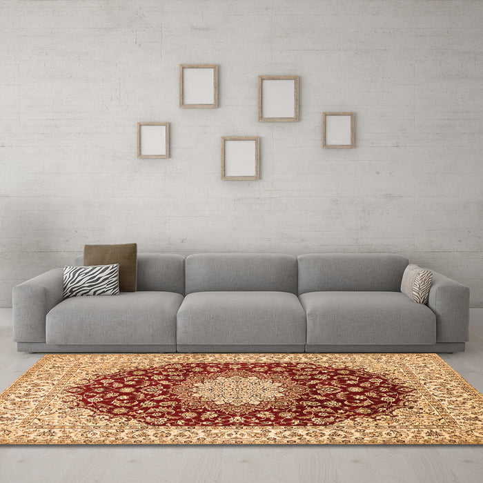 Machine Washable Medallion Orange Traditional Area Rugs in a Living Room, wshtr725org